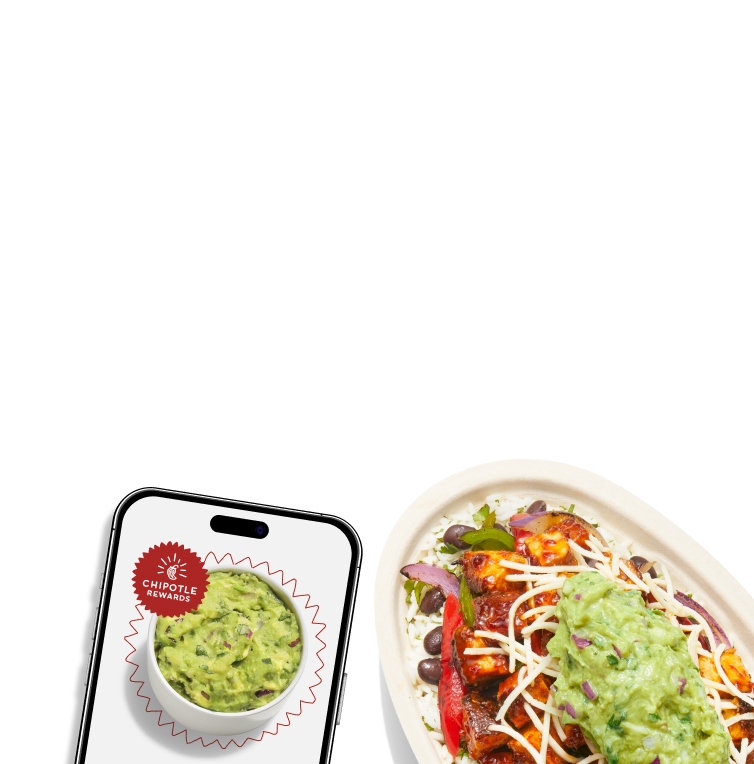 A smart phone showing the Chipotle Rewards logo around a free side or topping of fresh, hand-mashed Guac that you get when you sign up for Chipotle Rewards. Accompanied by a Chipotle Honey Chicken Burrito Bowl with white rice, black beans, freshly grilled Chipotle Honey Chicken, fajita veggies, hand-mashed Guac, and shredded Monterey Jack cheese.