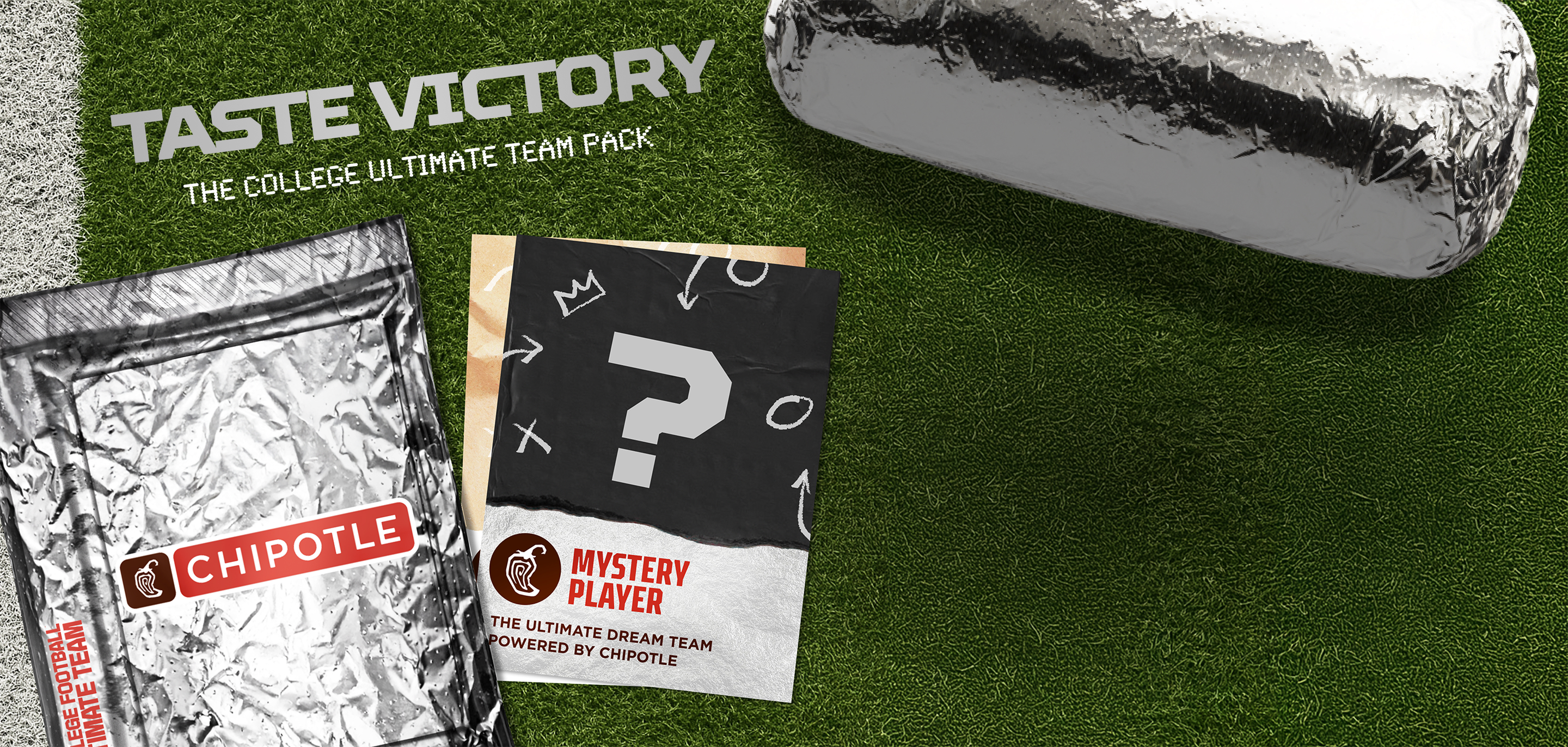 The exclusive foil-lined Taste Victory College Football Ultimate Team Pack laid down on a football field with a mystery player shown with a question mark.